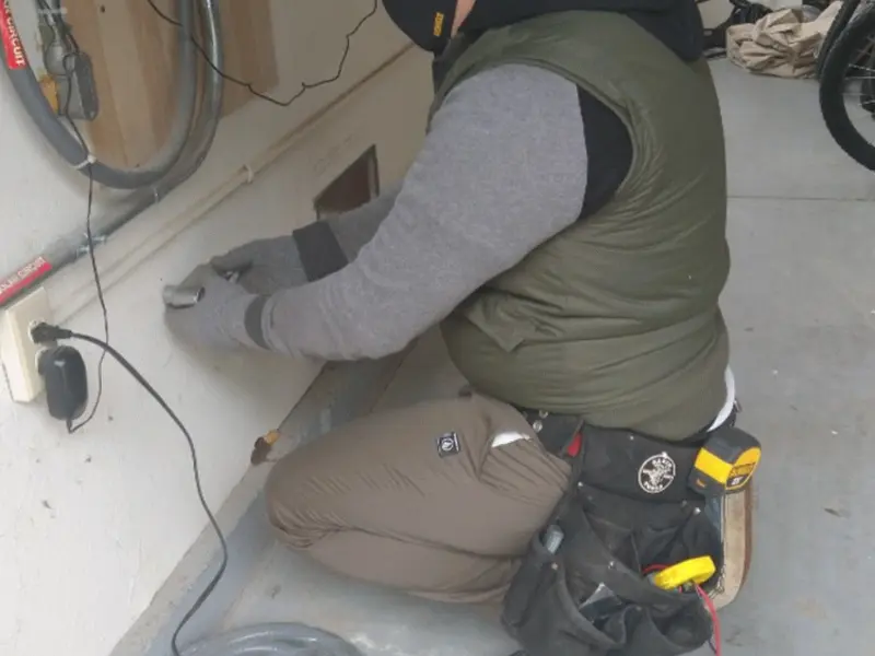 Electrician performing outlet wiring in a Oakland Park garage